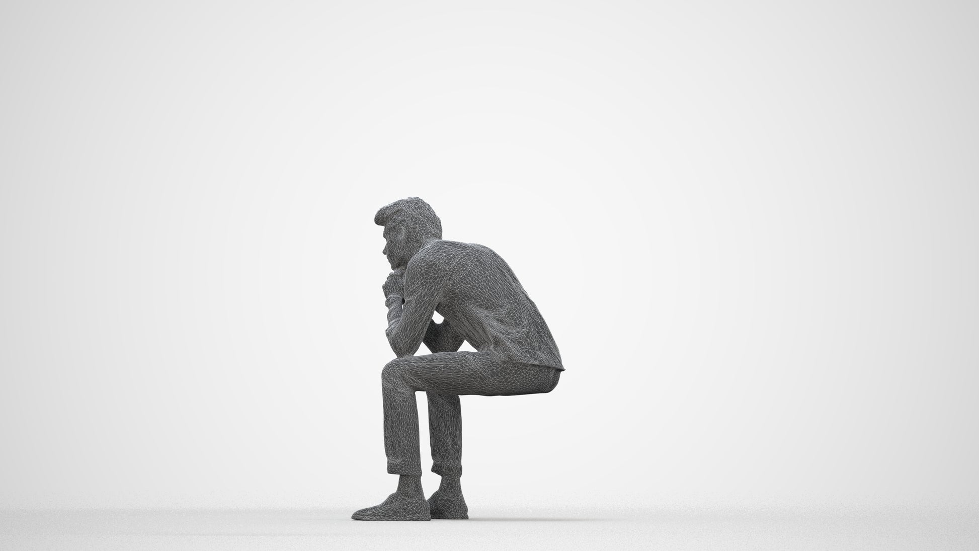 3D people model man casual sitting, scanned human for 3ds Max rendering, wireframe back view