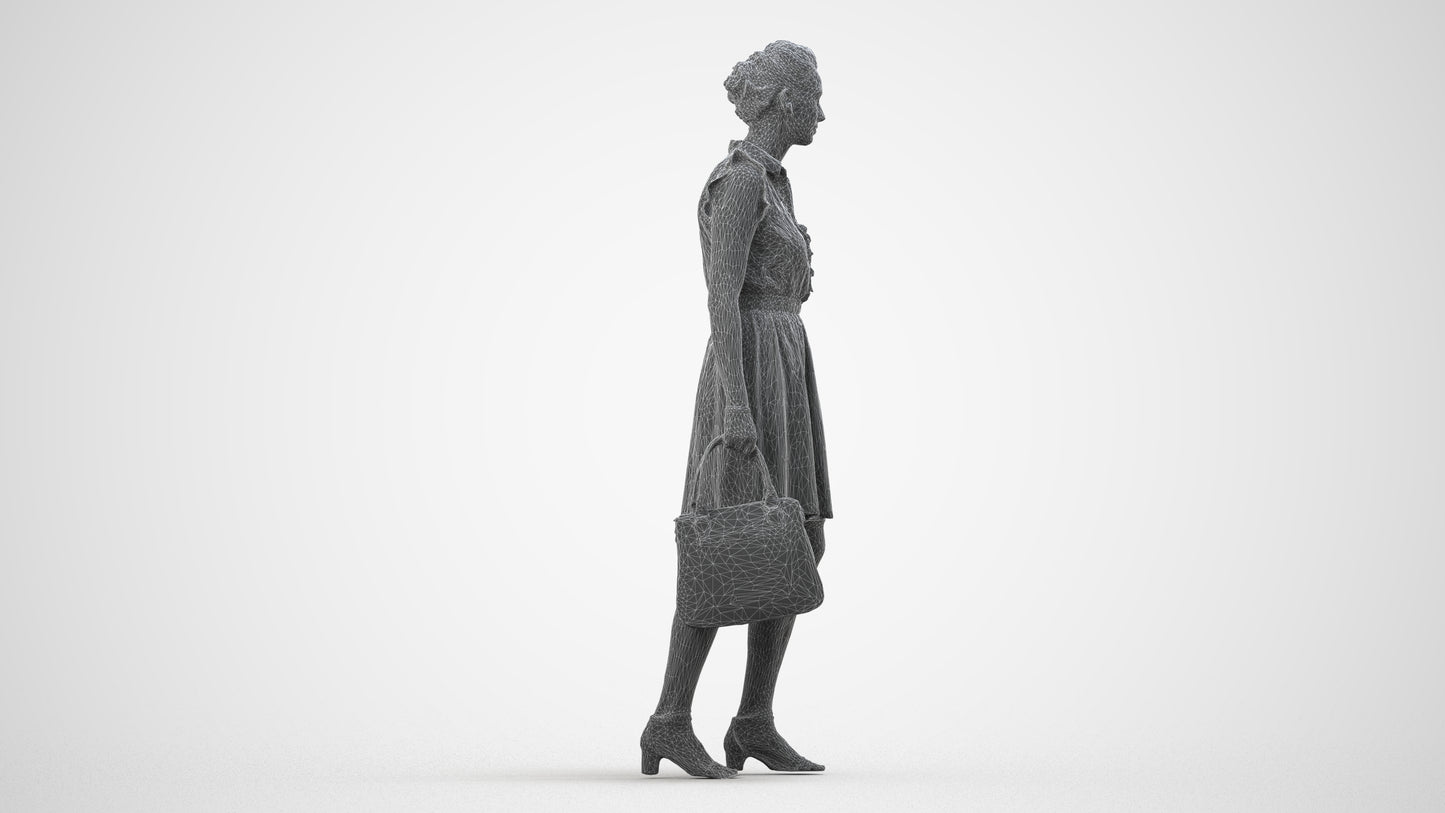 realistic 3D woman casual walking, scanned archviz people for Blender and 3ds Max, wireframe side view