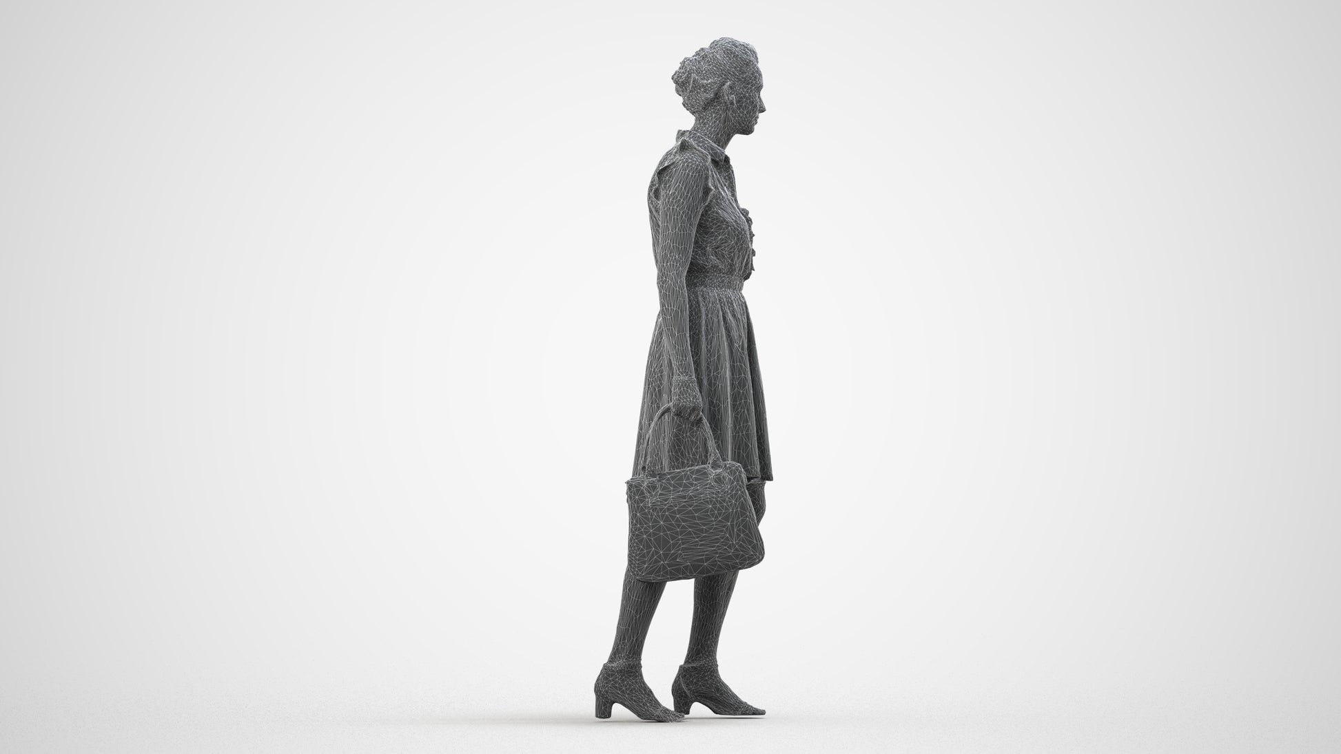realistic 3D woman casual walking, scanned archviz people for Blender and 3ds Max, wireframe side view