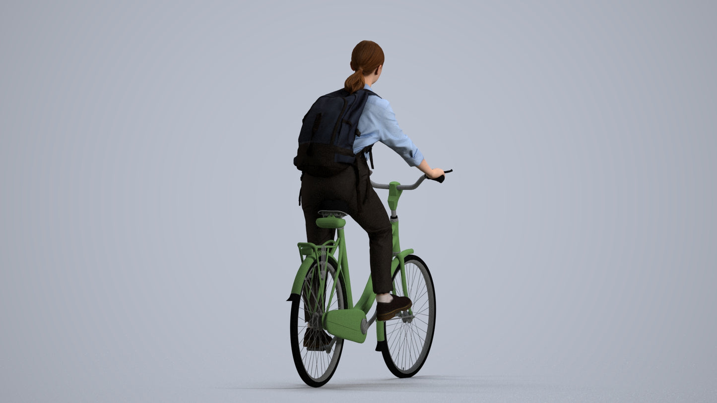 realistic 3D people girl business cycling, render-ready for V-Ray and Corona, FBX OBJ, front view render