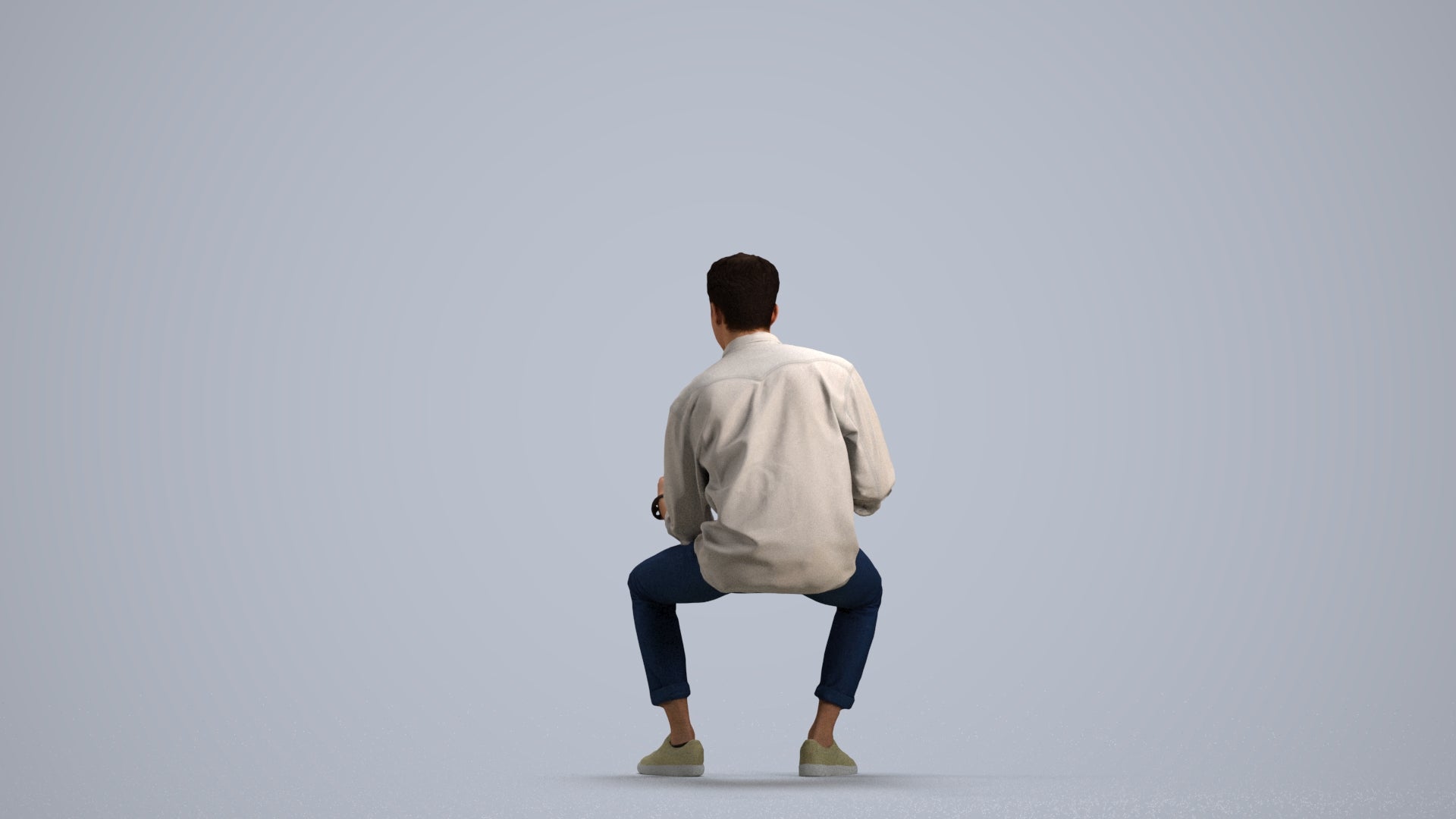 3D human model man casual sitting, photogrammetry scanned person for archviz, front view render