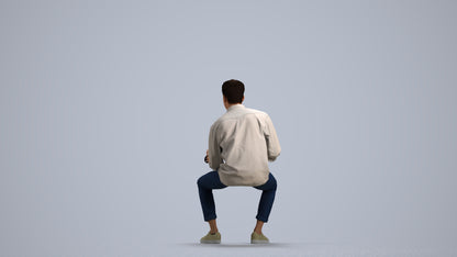 3D human model man casual sitting, photogrammetry scanned person for archviz, front view render