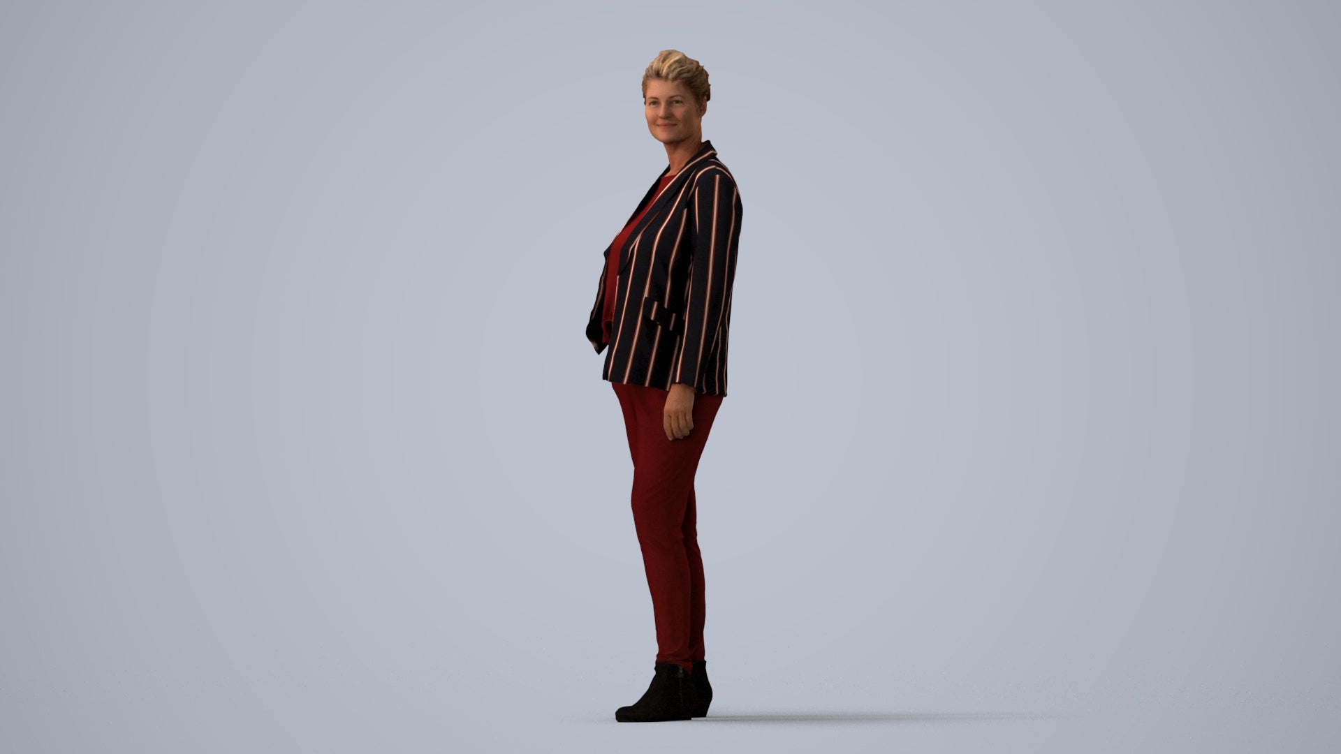 3D people model woman business standing, scanned human for 3ds Max rendering, three-quarter view render
