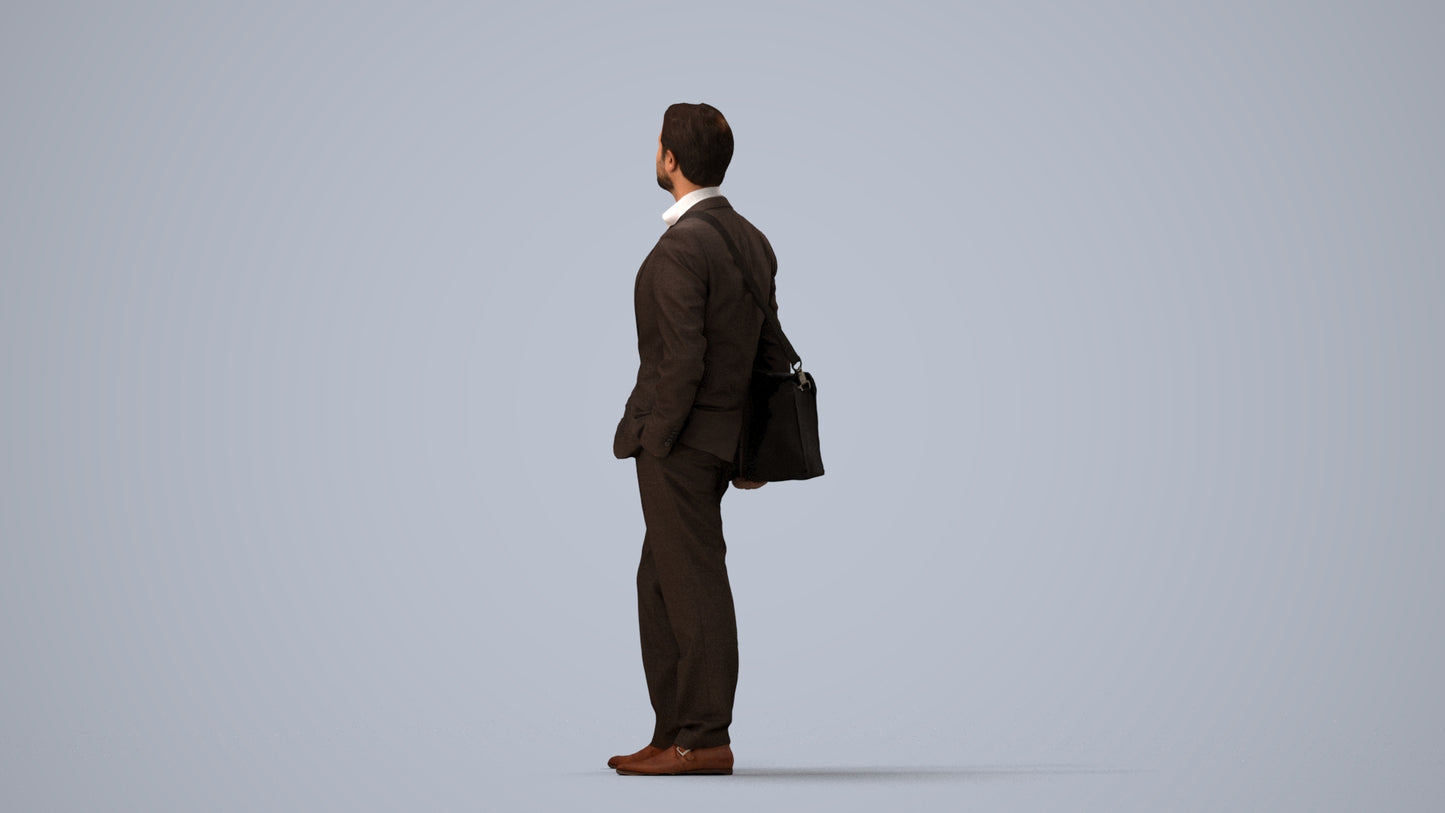 3D human model man business, photogrammetry scanned person for archviz, three-quarter view render