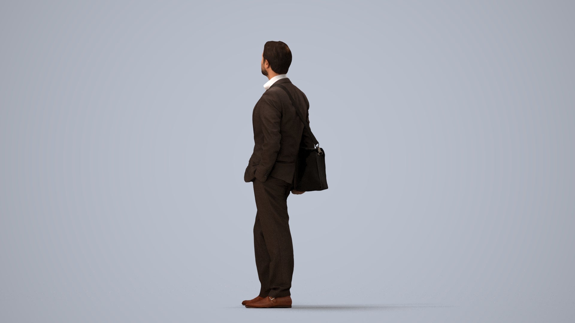 3D human model man business, photogrammetry scanned person for archviz, three-quarter view render
