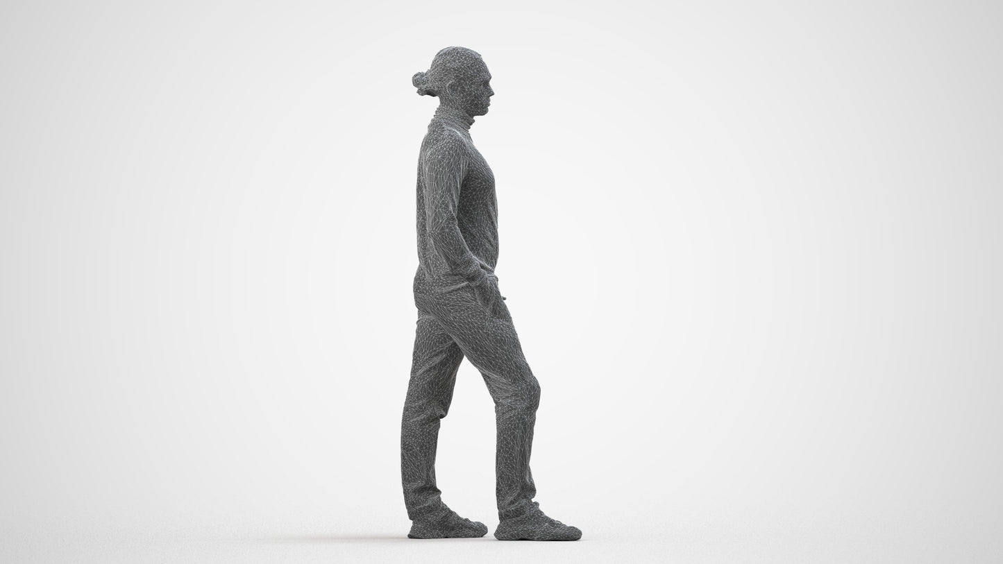 3D scanned man standing casual, photorealistic archviz people for Enscape and SketchUp, wireframe side view