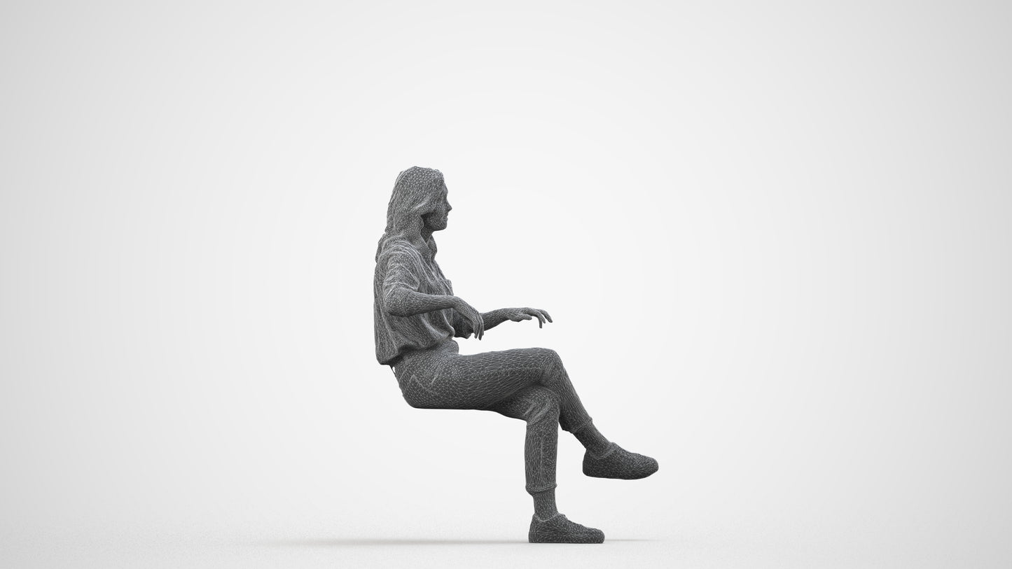 realistic 3D human woman casual sitting, archviz people FBX OBJ for Blender, wireframe side view