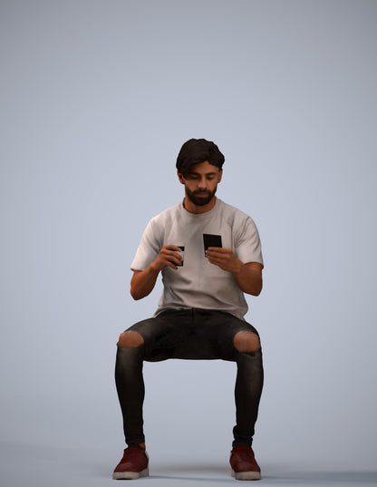 3D human model man casual sitting, photogrammetry scanned person for archviz