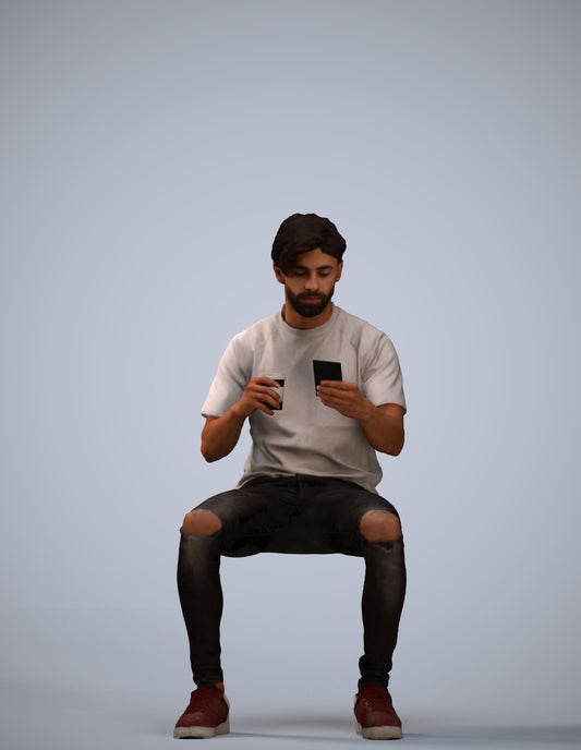 3D human model man casual sitting, photogrammetry scanned person for archviz