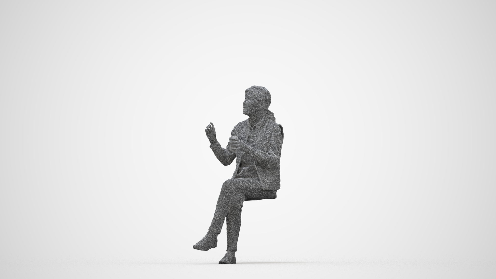 realistic 3D people senior woman casual sitting, render-ready for V-Ray and Corona, FBX OBJ, wireframe back view