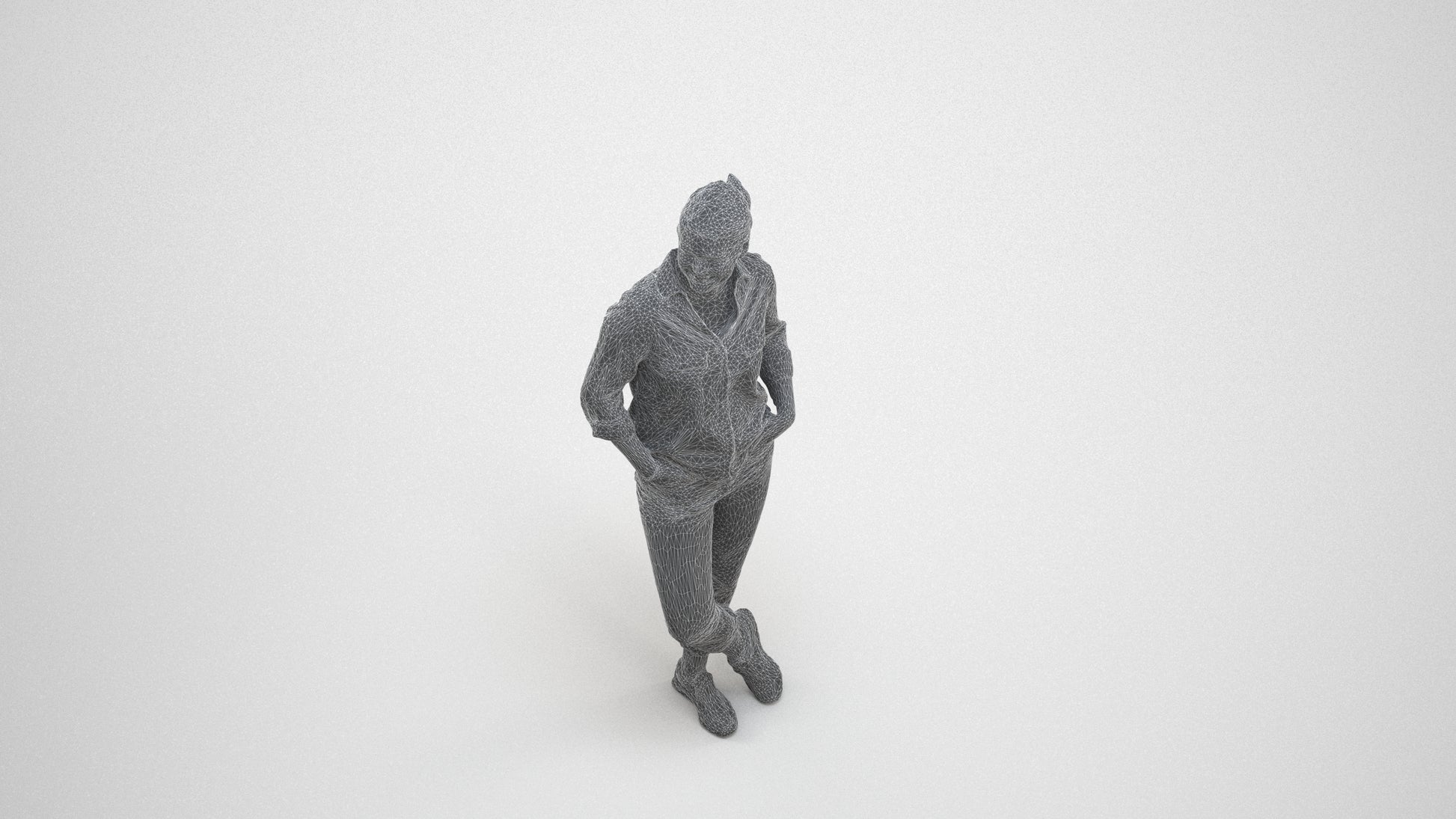 3D scanned woman standing casual, photorealistic archviz people for Enscape and SketchUp, wireframe three-quarter view