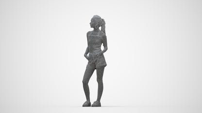 3D human model woman casual standing, photogrammetry scanned person for archviz, wireframe back view