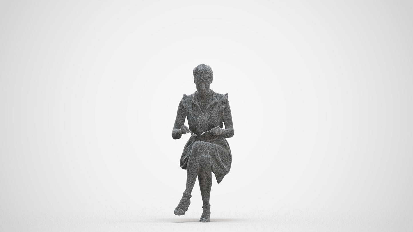 3D scanned woman sitting casual, photorealistic archviz people for Enscape and SketchUp, three-quarter front view render