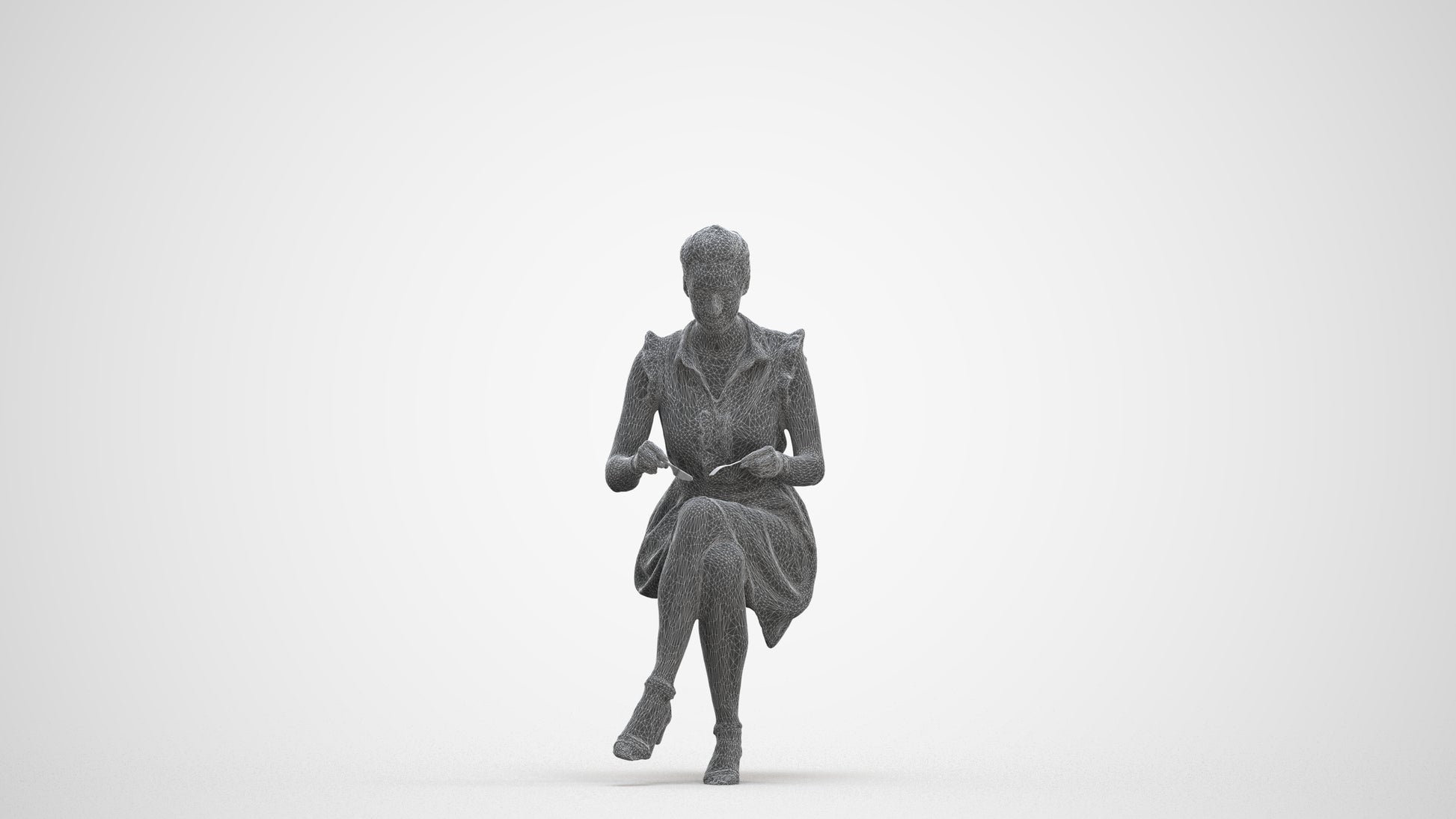 3D scanned woman sitting casual, photorealistic archviz people for Enscape and SketchUp, three-quarter front view render