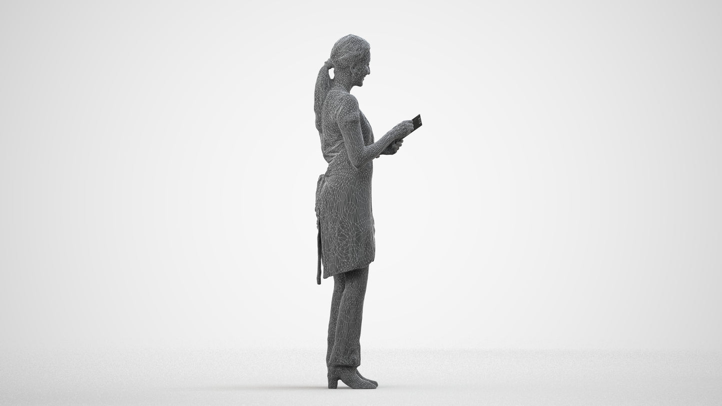 realistic 3D woman hospitality, scanned archviz people for Blender and 3ds Max, wireframe side view