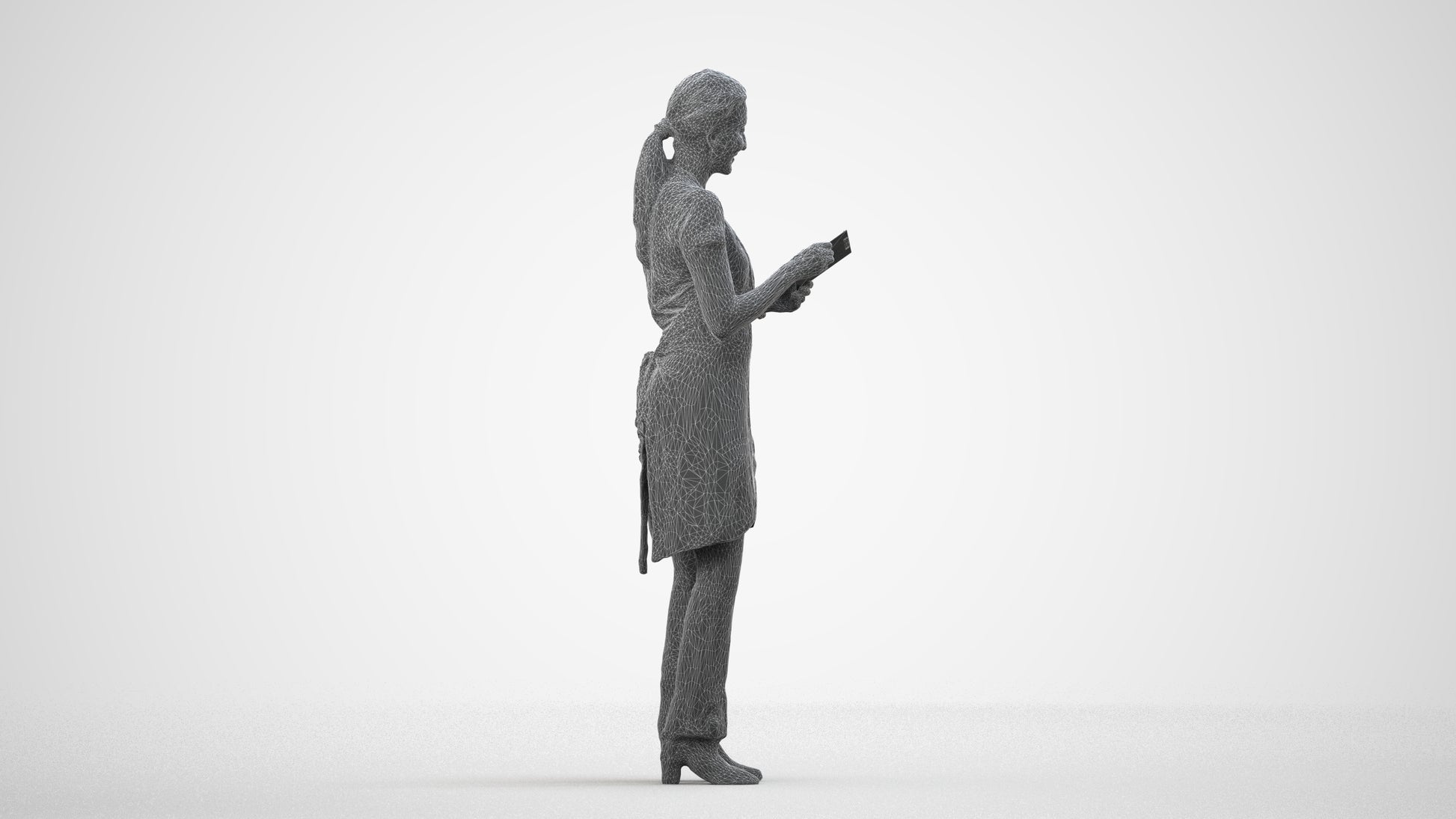 realistic 3D woman hospitality, scanned archviz people for Blender and 3ds Max, wireframe side view