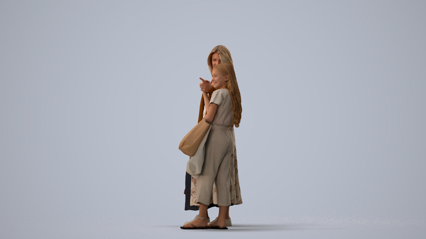 3D human model girl casual shopping, photogrammetry scanned person for archviz, three-quarter view render