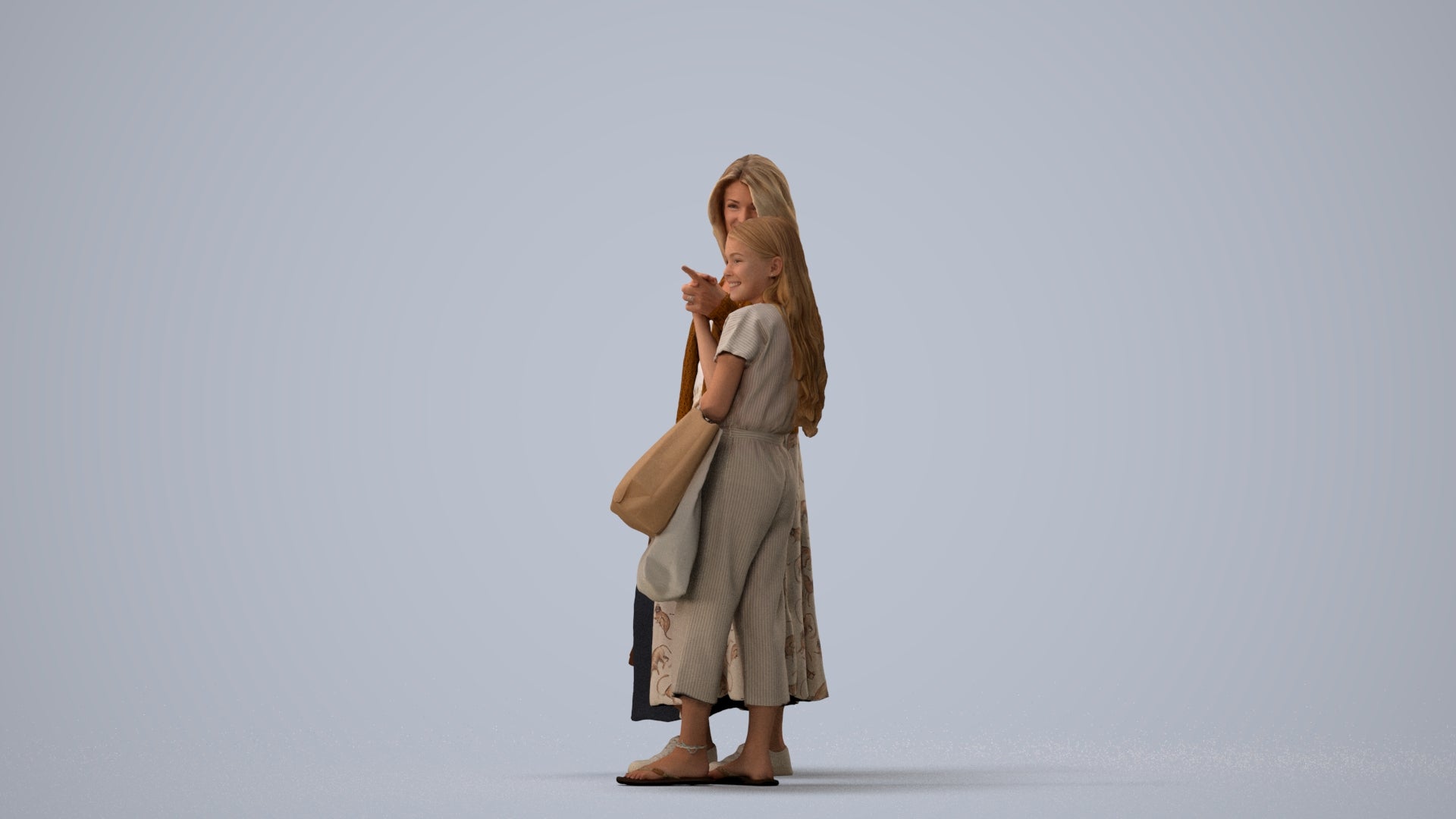 3D human model girl casual shopping, photogrammetry scanned person for archviz, three-quarter view render