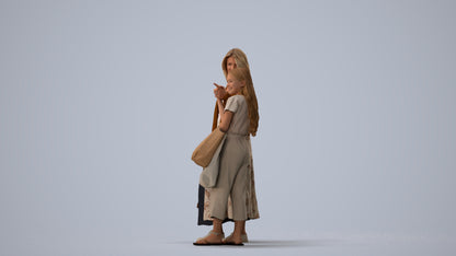 3D human model girl casual shopping, photogrammetry scanned person for archviz, three-quarter view render