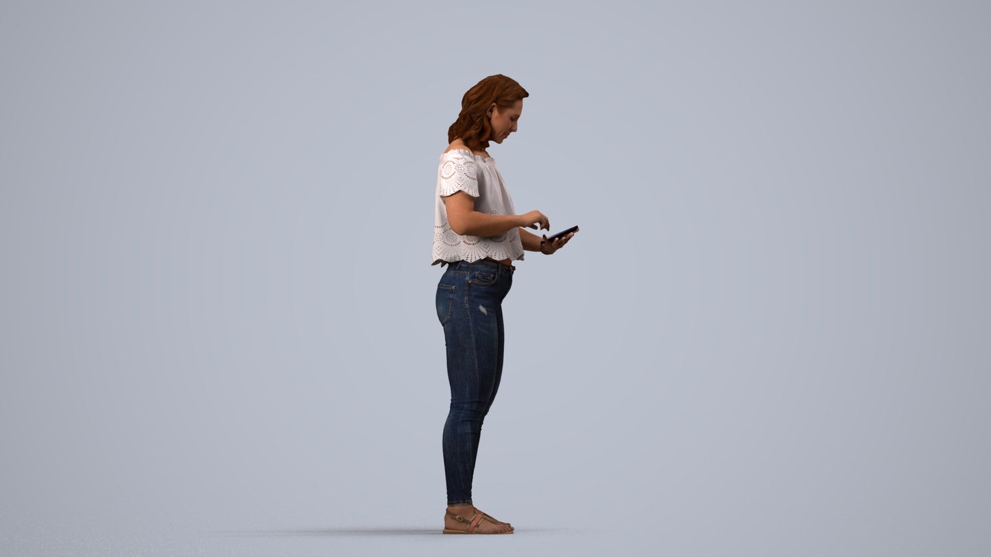 3D human model woman casual standing, photogrammetry scanned person for archviz, side view render