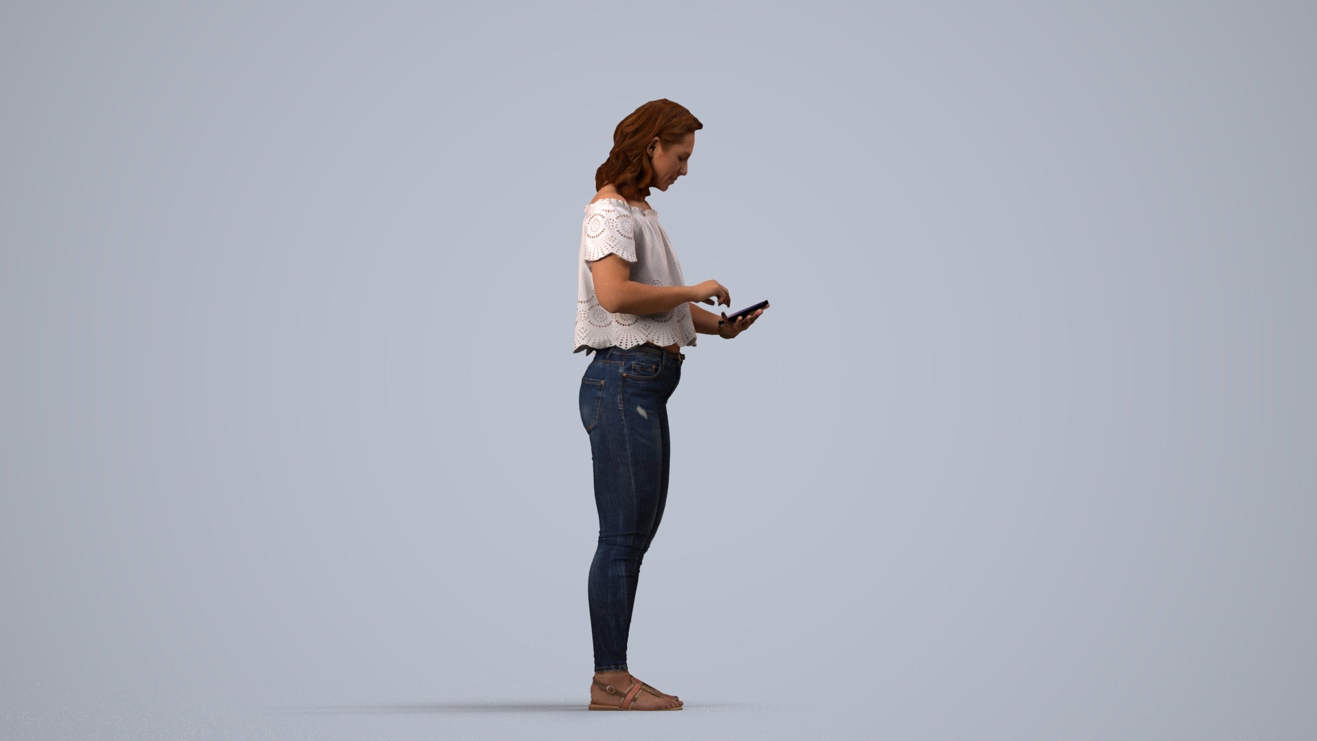 3D human model woman casual standing, photogrammetry scanned person for archviz, side view render