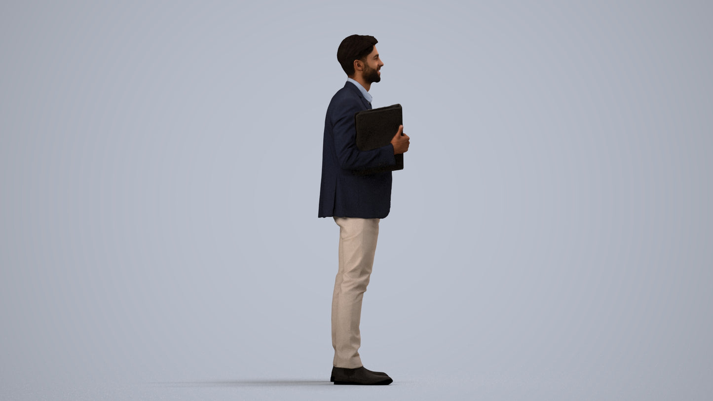 3D human model man business, photogrammetry scanned person for archviz, side view render