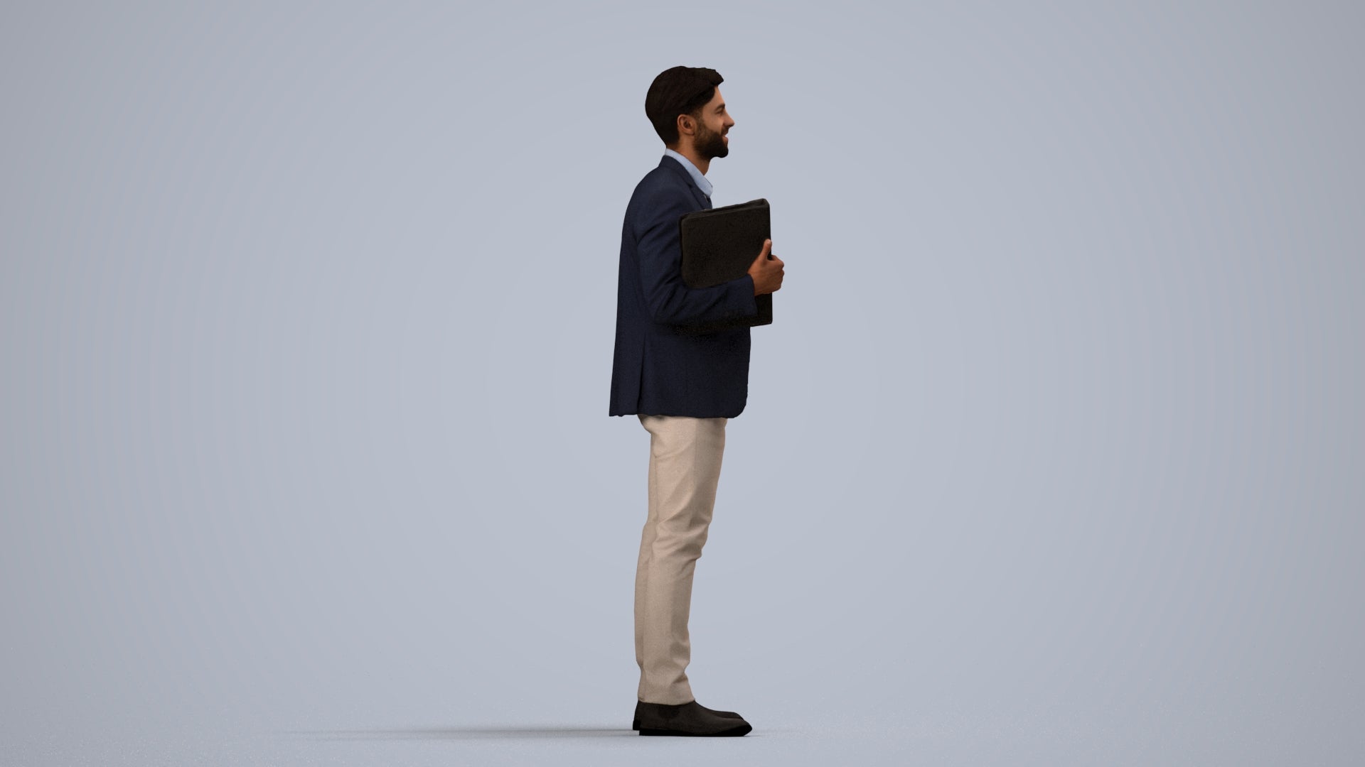 3D human model man business, photogrammetry scanned person for archviz, side view render