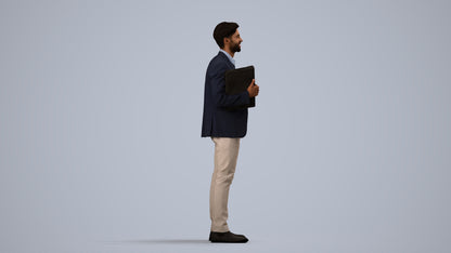 3D human model man business, photogrammetry scanned person for archviz, side view render