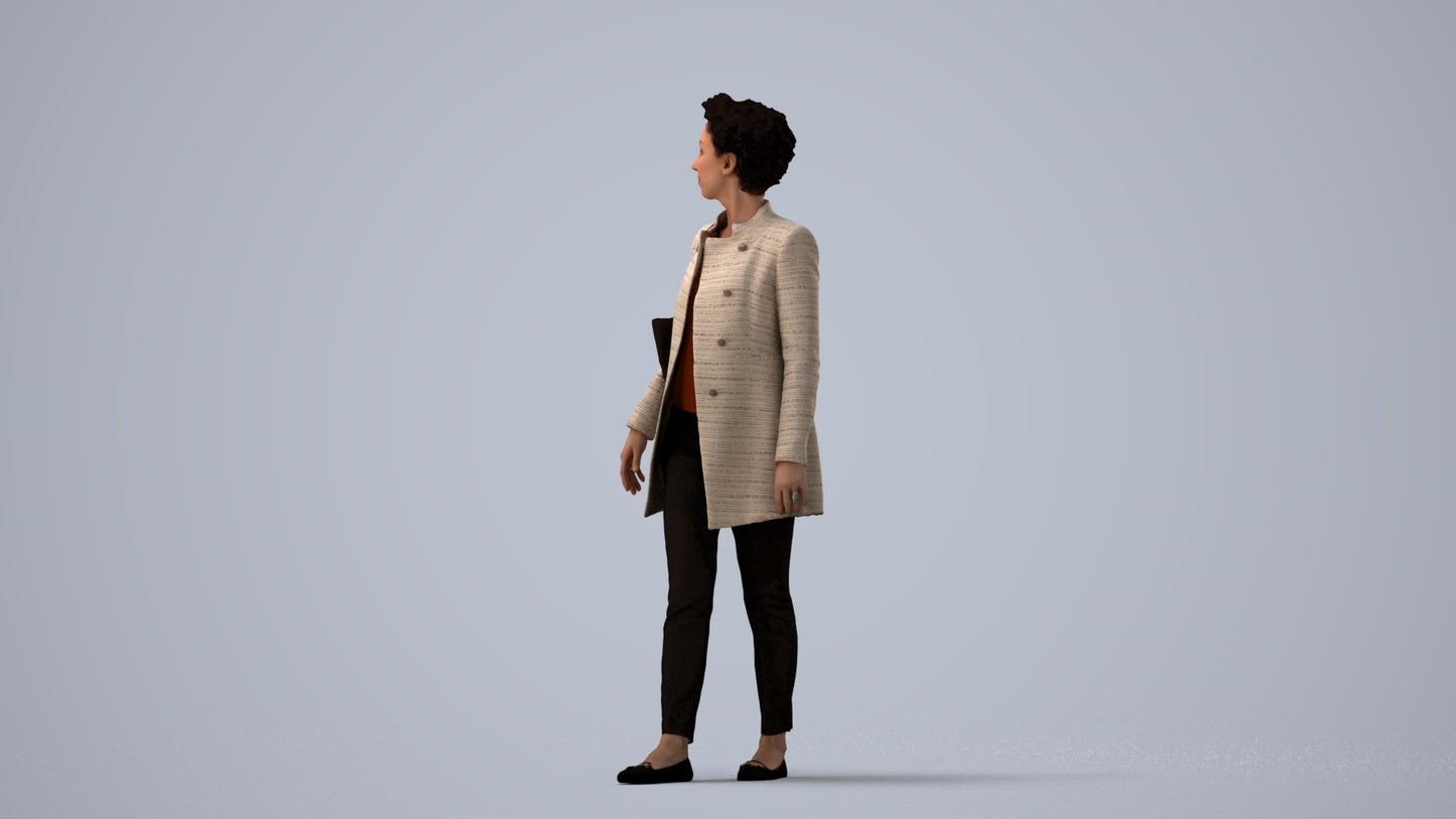 3D human model woman business walking, photogrammetry scanned person for archviz, three-quarter view render