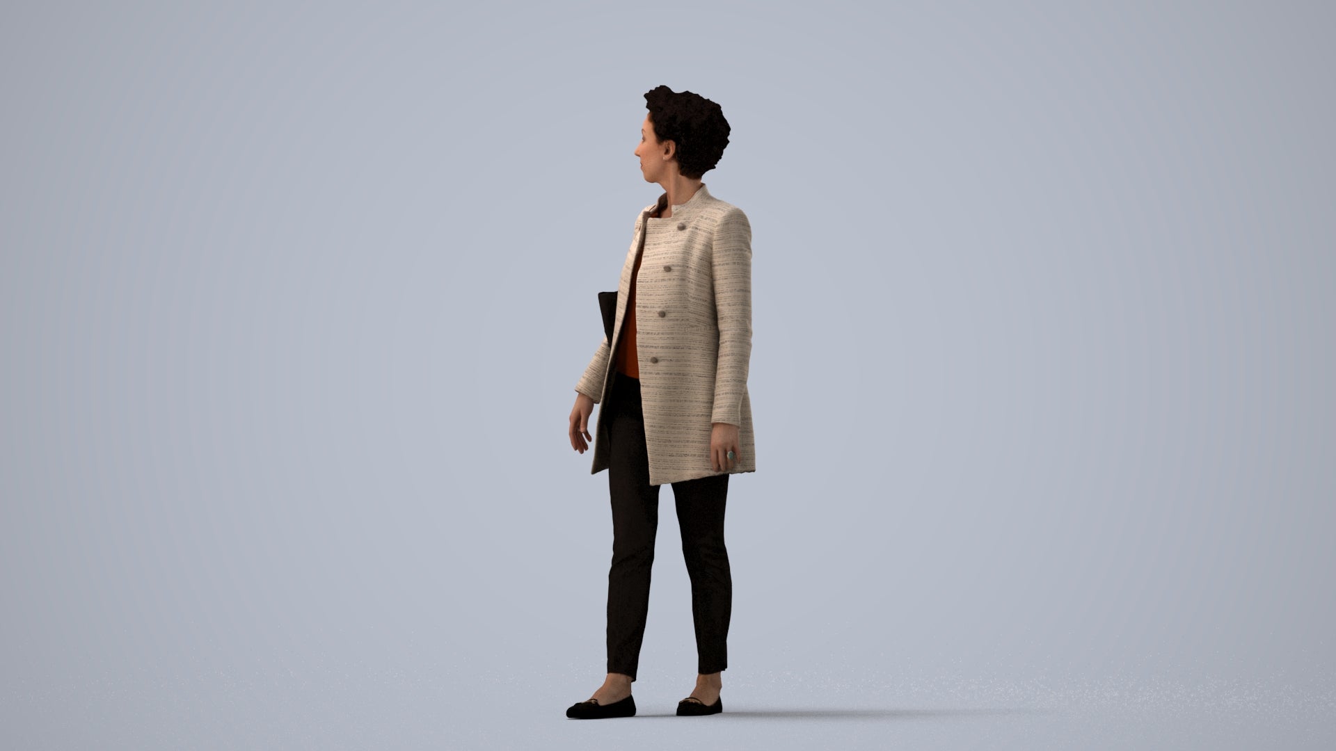 3D human model woman business walking, photogrammetry scanned person for archviz, three-quarter view render