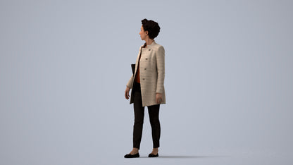 3D human model woman business walking, photogrammetry scanned person for archviz, three-quarter view render