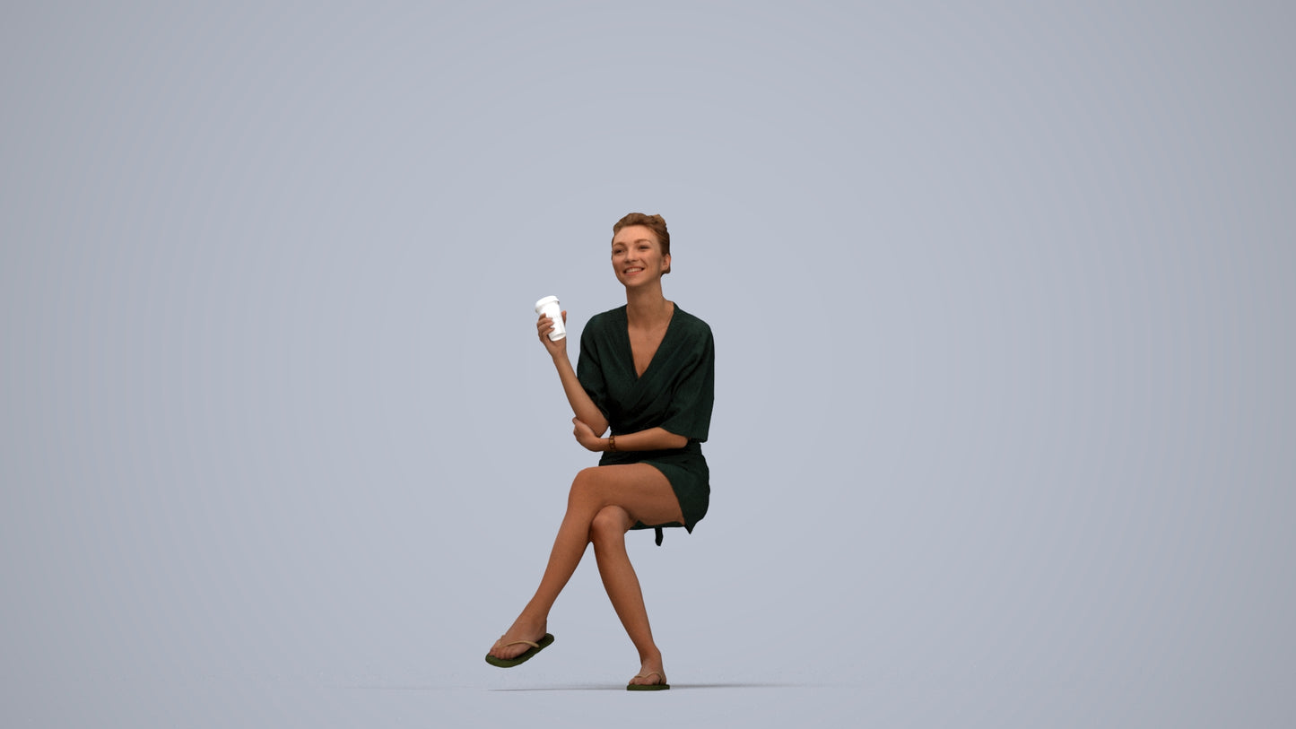 3D people model woman casual sitting, scanned human for 3ds Max rendering, top-down view render