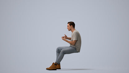 realistic 3D man casual sitting, scanned archviz people for Blender and 3ds Max, three-quarter view render