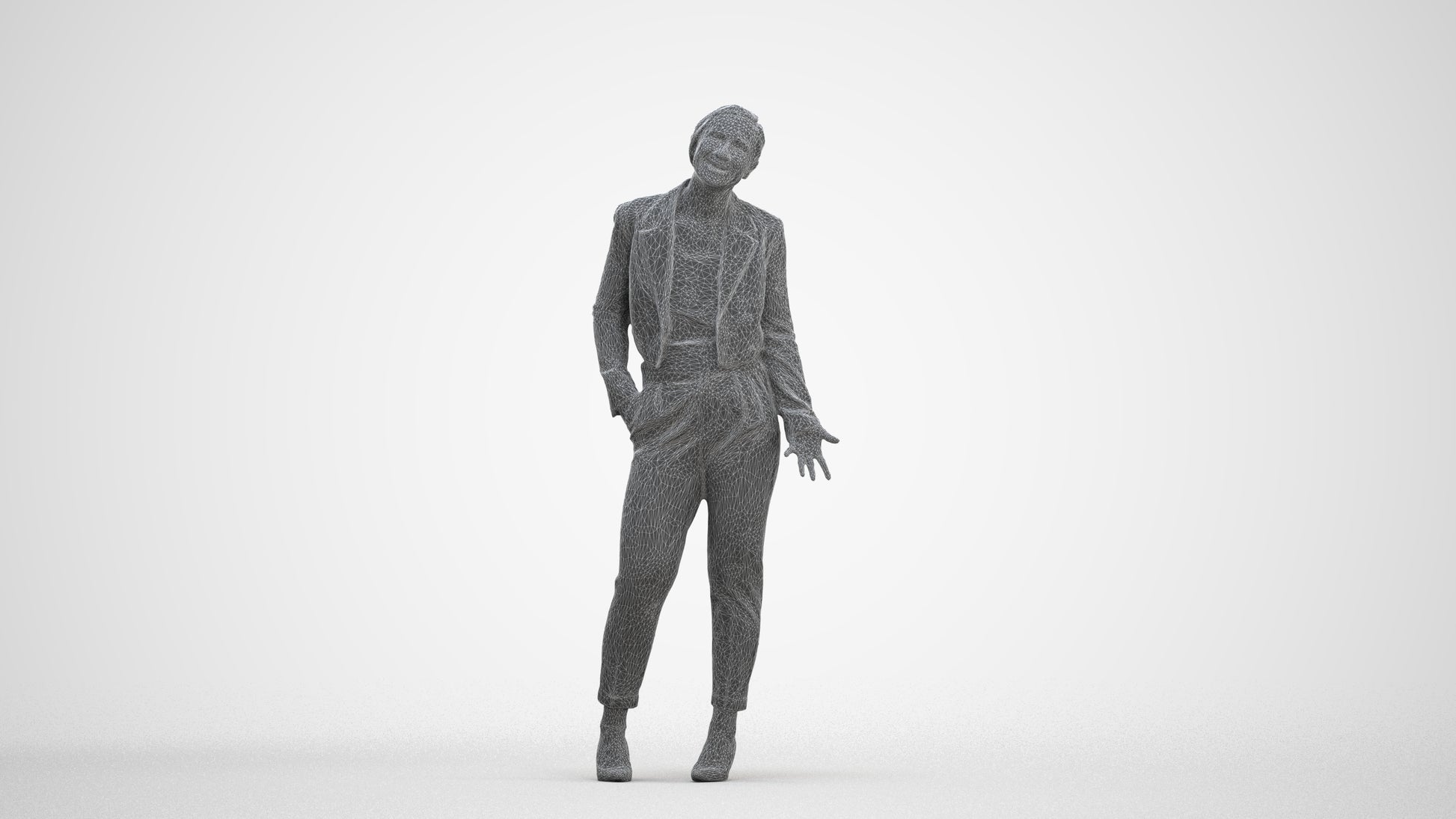 3D human model woman business, photogrammetry scanned person for archviz, three-quarter front view render