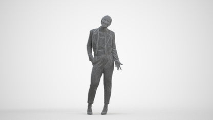 3D human model woman business, photogrammetry scanned person for archviz, three-quarter front view render
