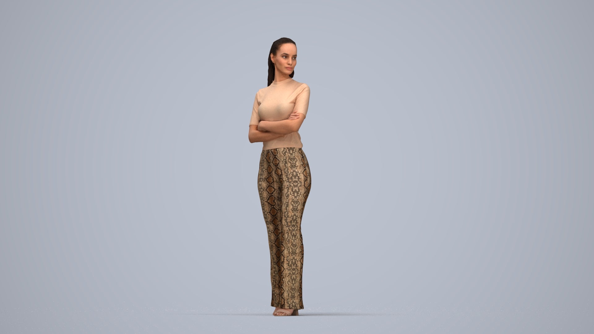 realistic 3D people woman casual standing, render-ready for V-Ray and Corona, FBX OBJ, top-down view render