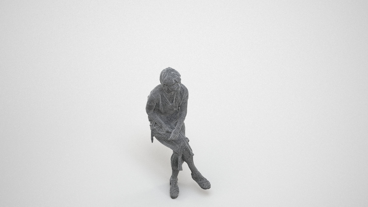 realistic 3D senior woman casual sitting, scanned archviz people for Blender and 3ds Max, wireframe three-quarter view