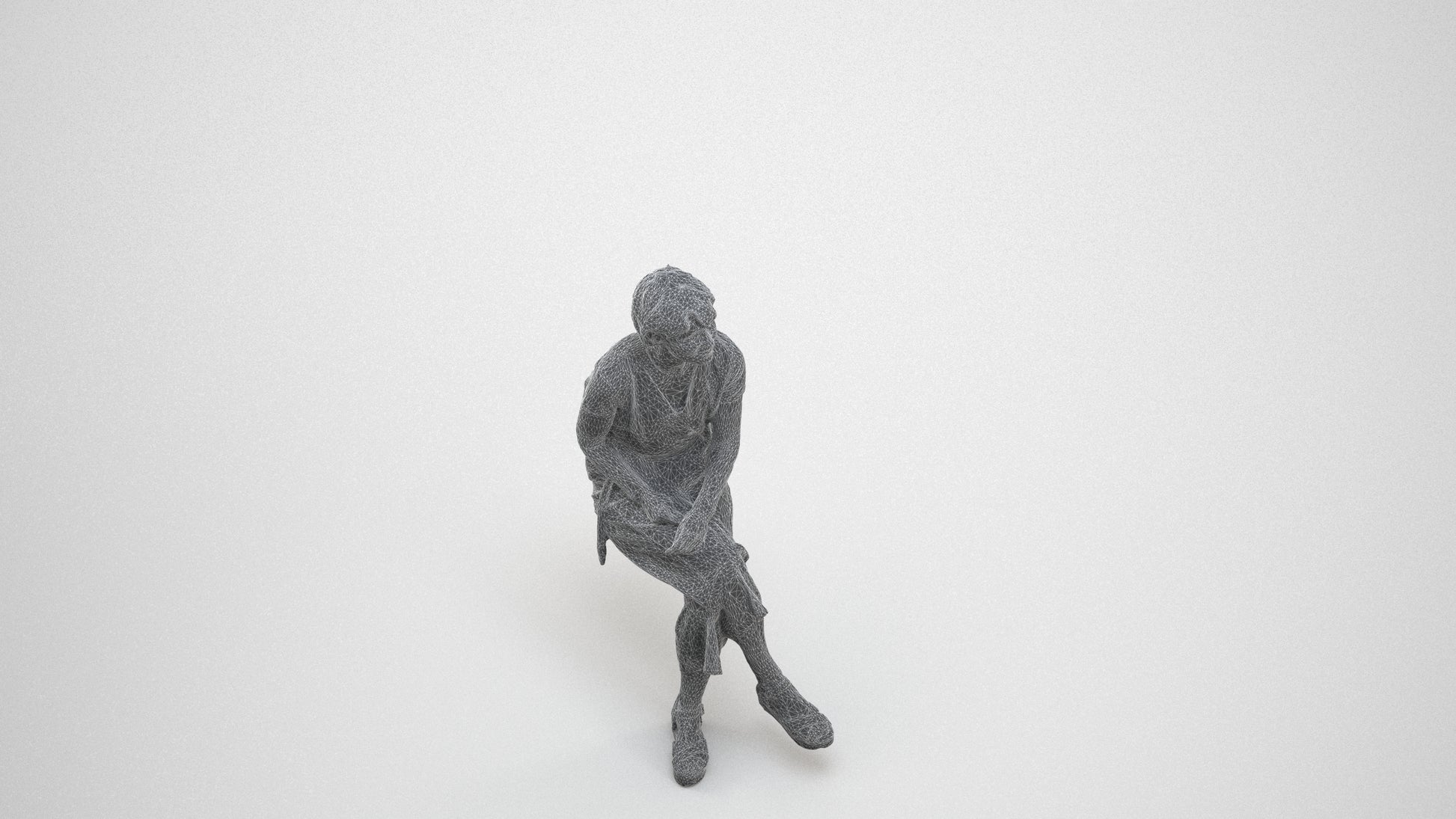 realistic 3D senior woman casual sitting, scanned archviz people for Blender and 3ds Max, wireframe three-quarter view