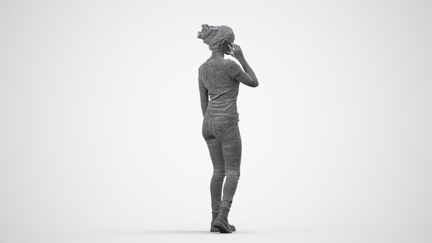3D human model woman casual walking, photogrammetry scanned person for archviz, wireframe side view