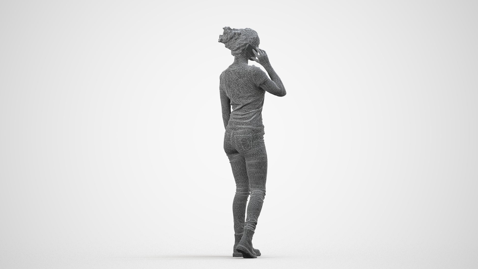 3D human model woman casual walking, photogrammetry scanned person for archviz, wireframe side view