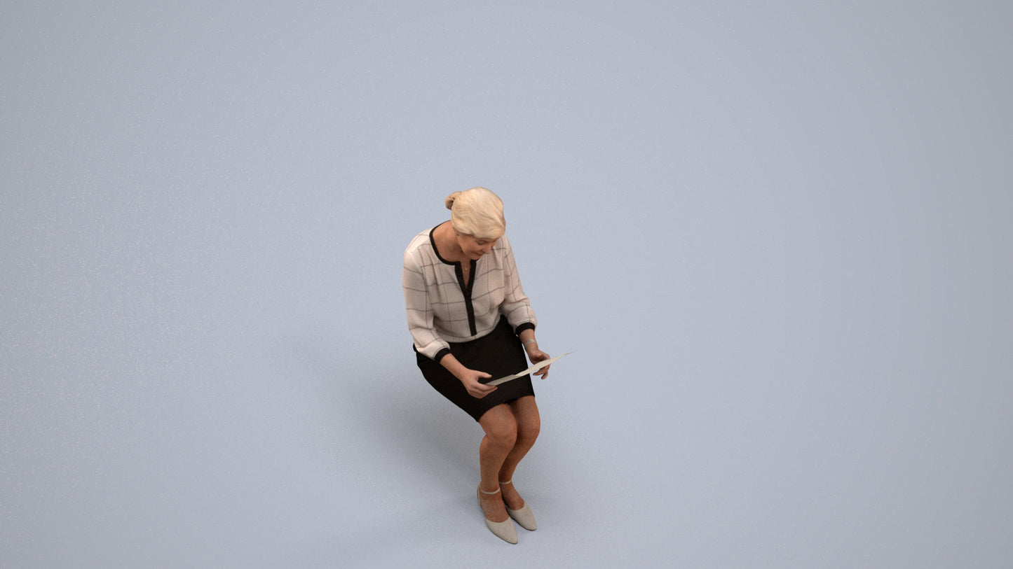 3D people model senior woman business sitting, scanned human for 3ds Max rendering, back view render