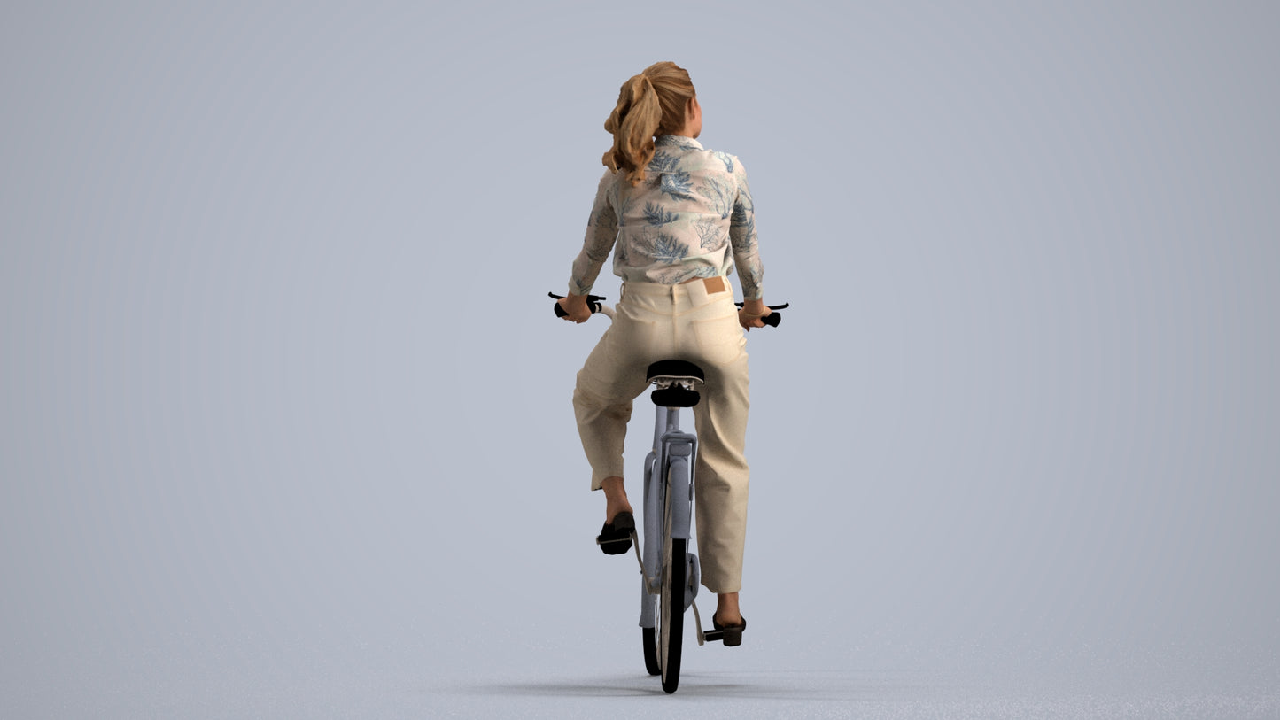3D scanned woman cycling casual, photorealistic archviz people for Enscape and SketchUp, front view render