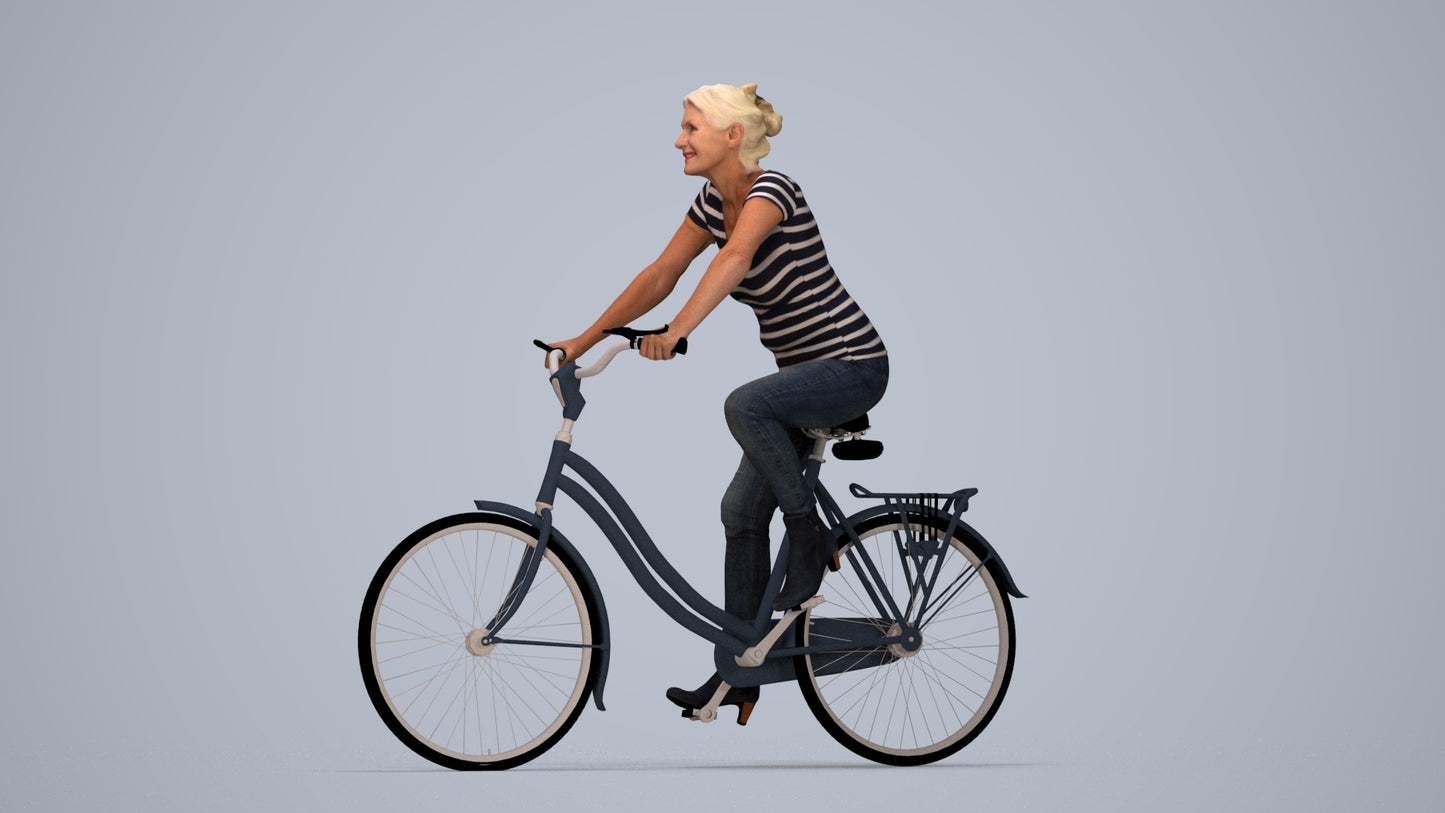 scanned 3D senior woman casual cycling, photogrammetry people for Enscape and V-Ray, top-down view render