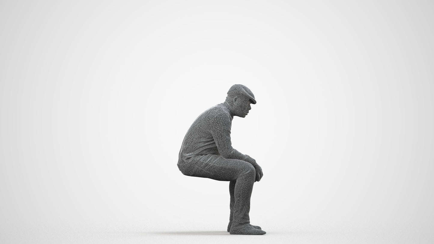 realistic 3D man casual sitting, scanned archviz people for Blender and 3ds Max, wireframe side view