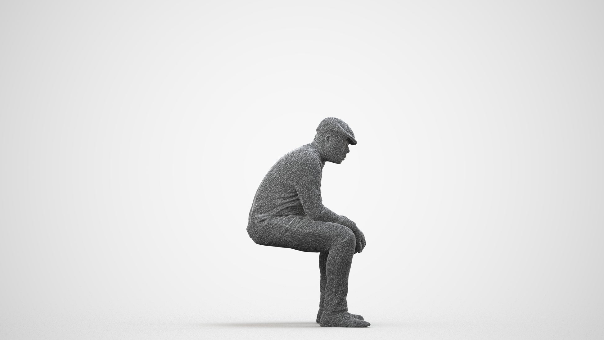 realistic 3D man casual sitting, scanned archviz people for Blender and 3ds Max, wireframe side view