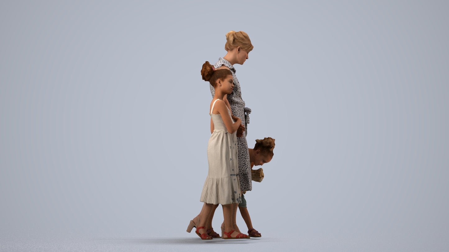 3D human model girl casual kids, photogrammetry scanned person for archviz, side view render
