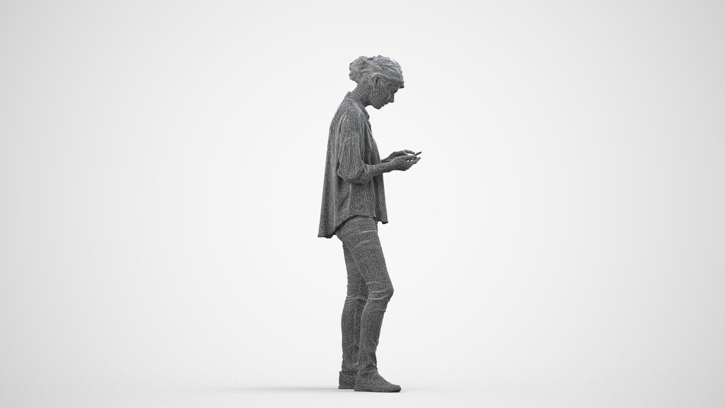 realistic 3D people woman casual standing, render-ready for V-Ray and Corona, FBX OBJ, wireframe side view