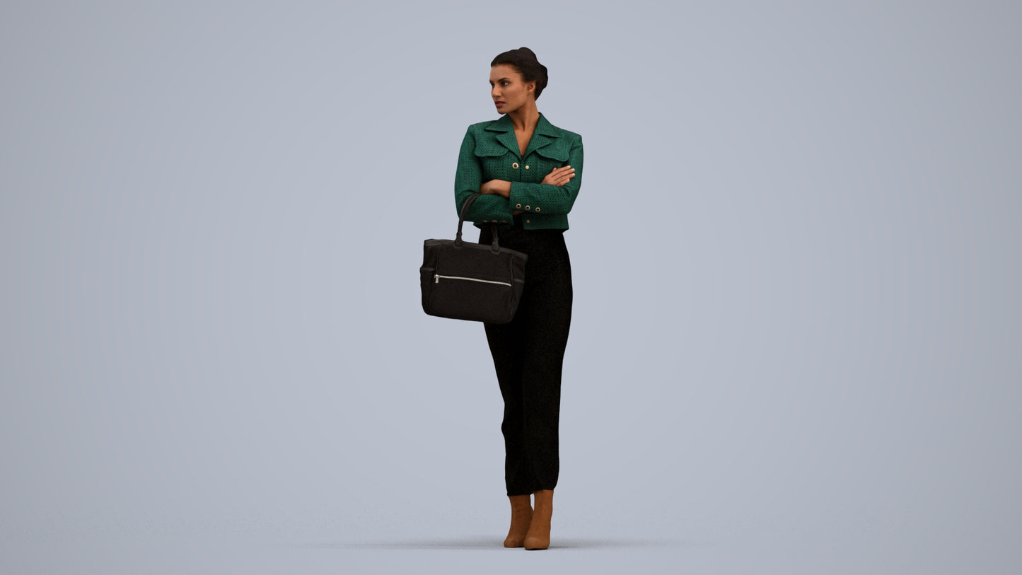 3D human model woman business standing, photogrammetry scanned person for archviz, standing pose render