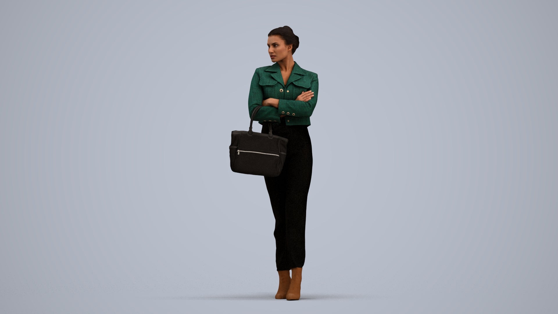 3D human model woman business standing, photogrammetry scanned person for archviz, standing pose render