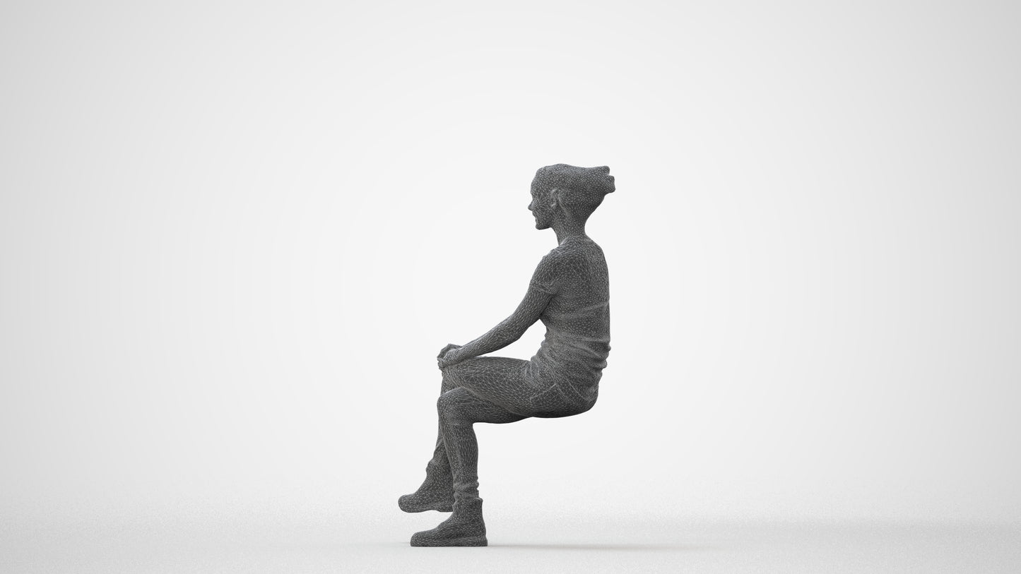 3D human model woman casual sitting, photogrammetry scanned person for archviz, square thumbnail
